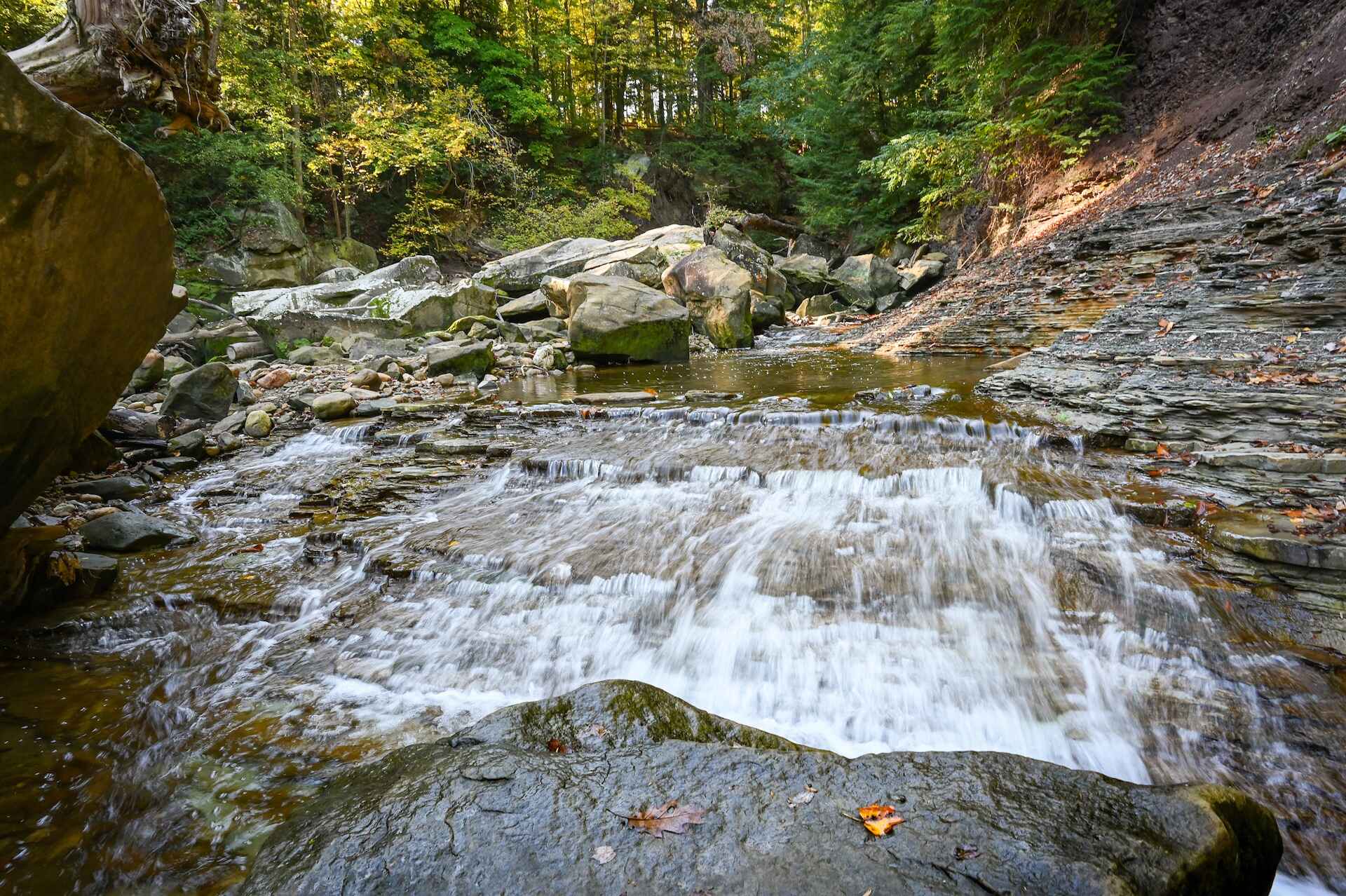water rushing off of rocks in a forest 