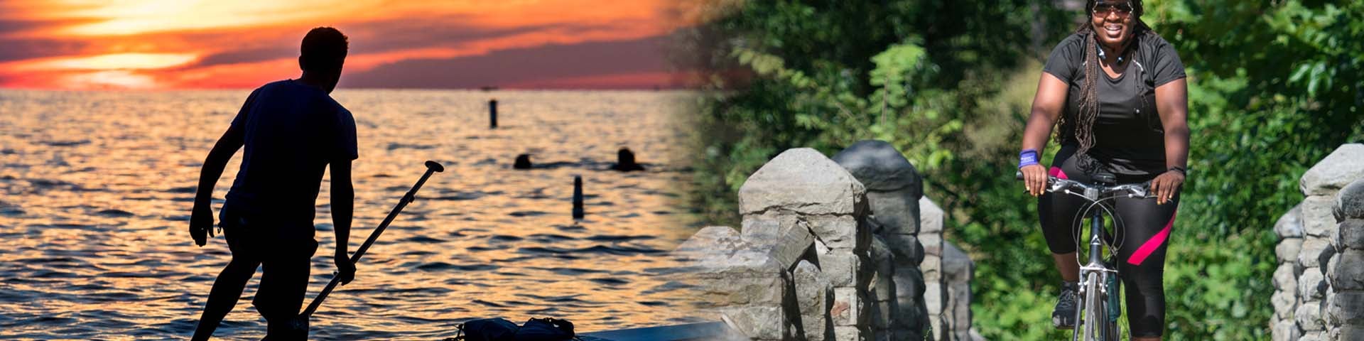 People biking and kayaking