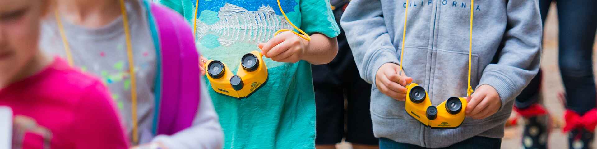 Children walking in a line outdoors, holding yellow binoculars around their necks.
