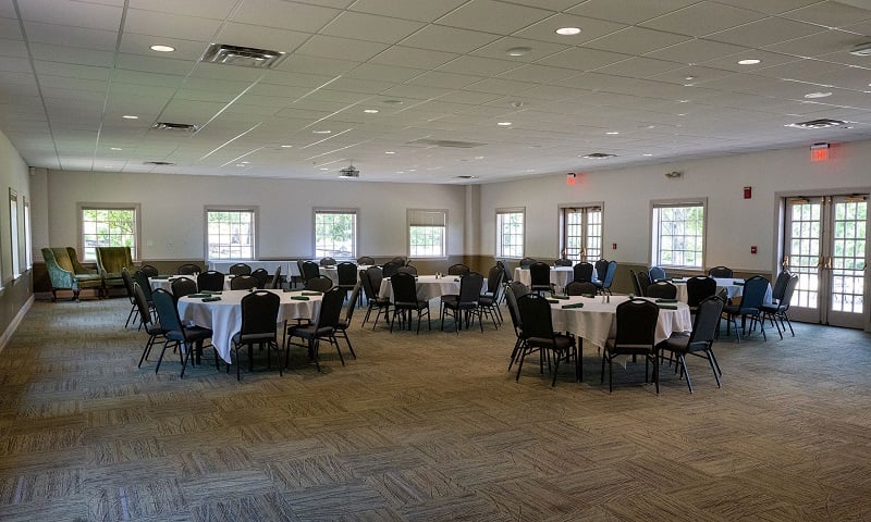 Event space with tables and chairs