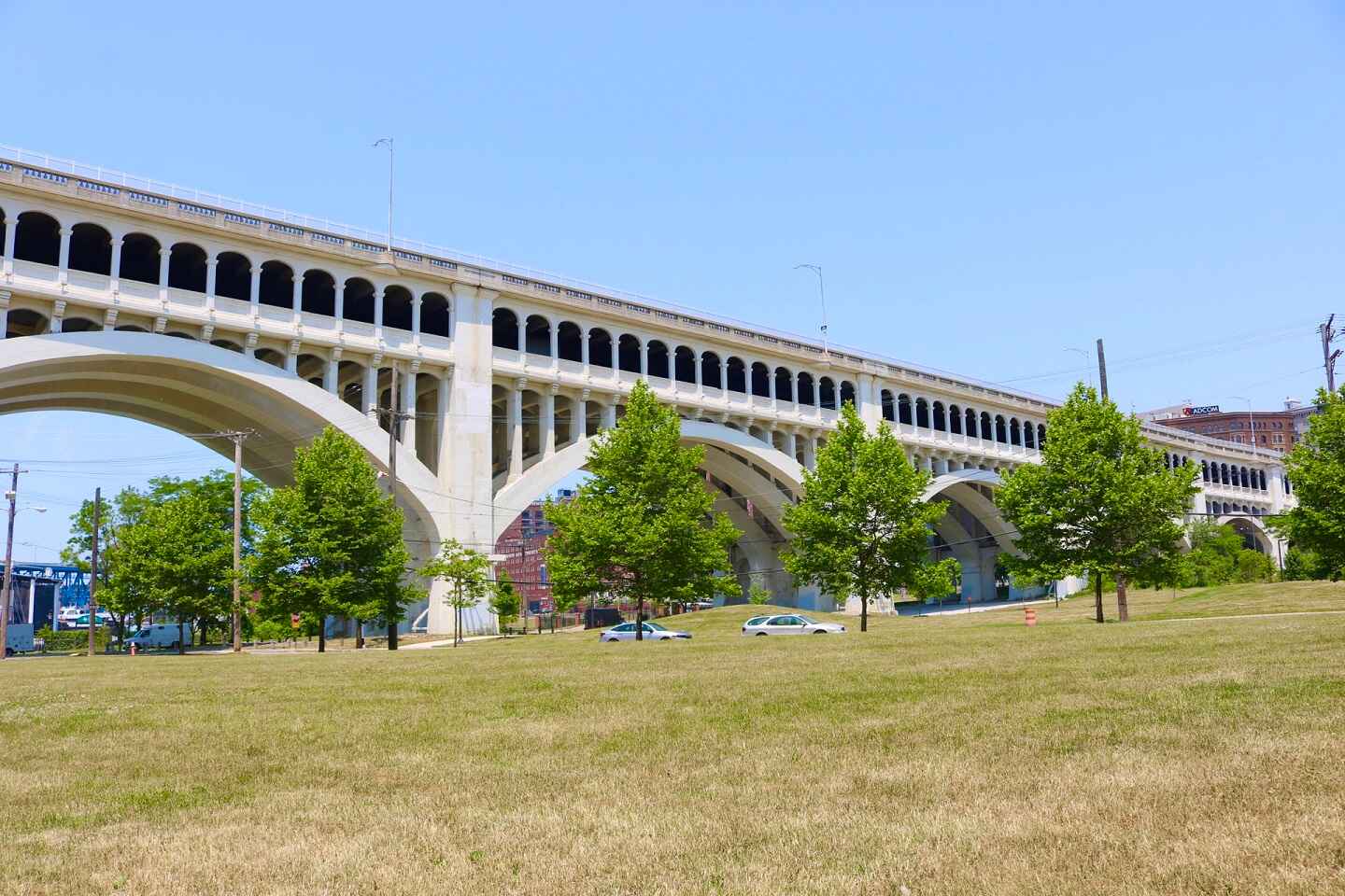 Car bridge over grassy area