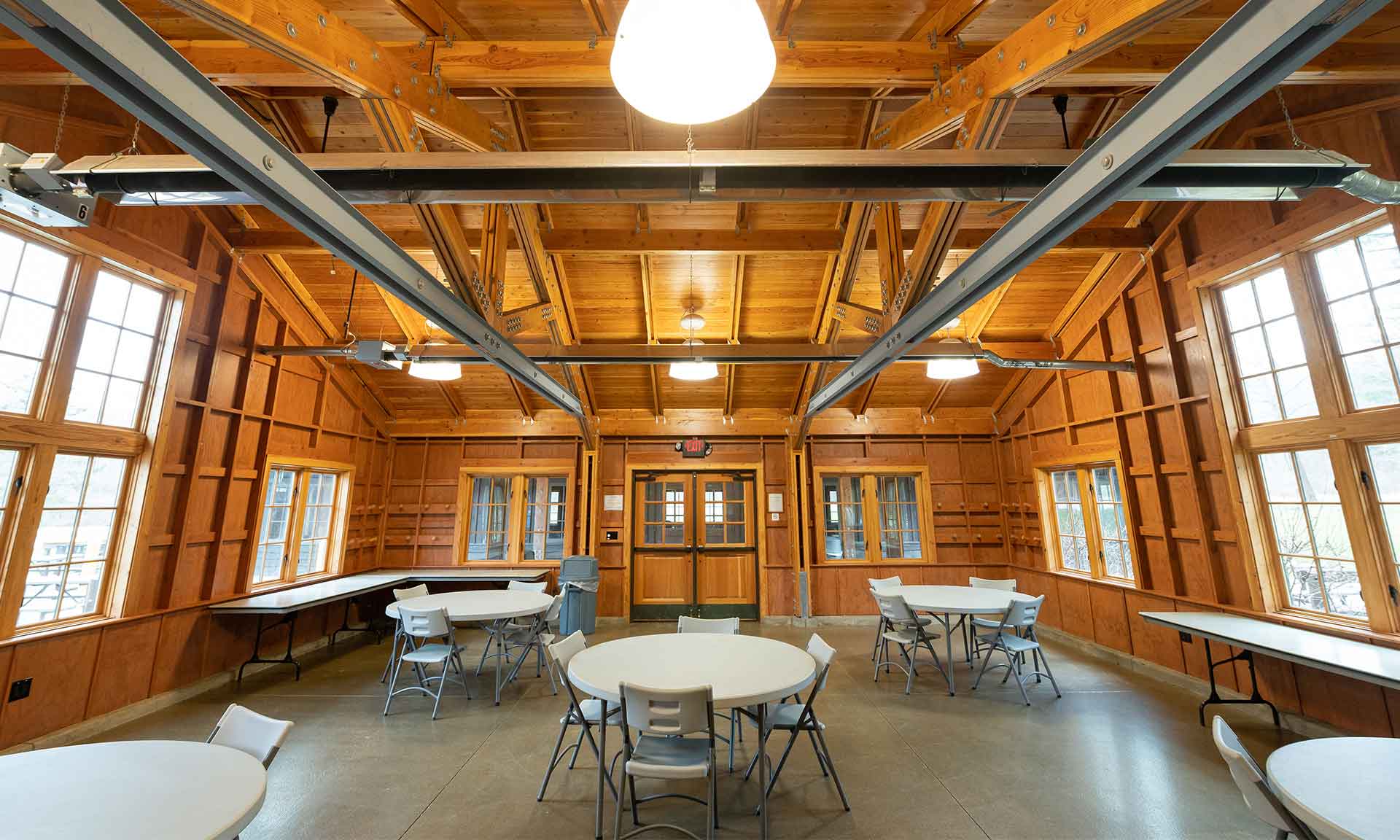 Inside of the shelter with tables