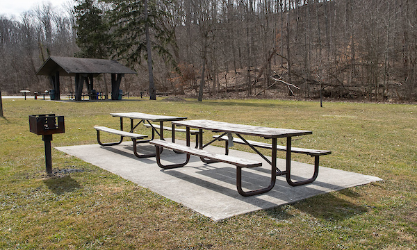 Two picnic tables and grill in a grassy area
