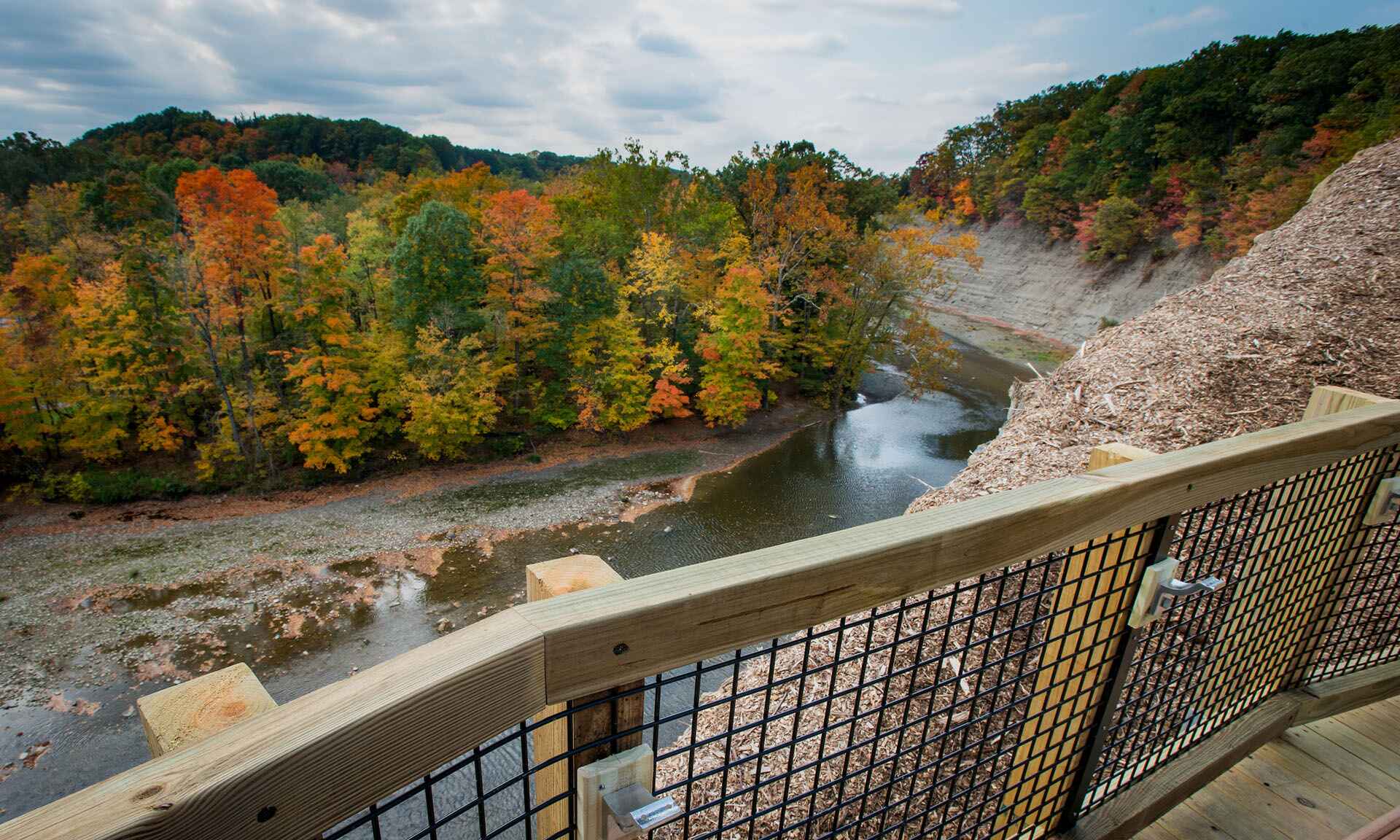 Bridge overlooking water and fall trees