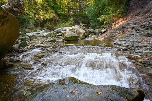 there is a small waterfall flowing over rocks in the woods, a tilt shift photo by Lawrence Calcagno, shutterstock contest winner, hudson river school, william penn state forest, wide angle landscape photography, streams and rocks