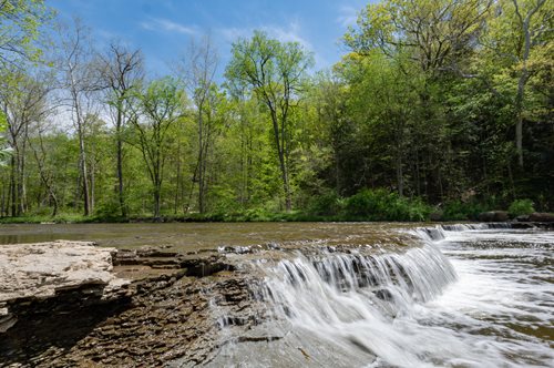 a close up of a waterfall in a wooded area with trees, a tilt shift photo by John Eyre, featured on flickr, regionalism, a river flowing with waterfall, waterfalls and lakes, william penn state forest