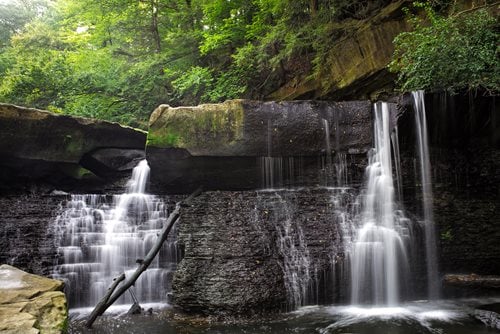 a close up of a waterfall with a tree in the background, an impressionist painting by Bradley Walker Tomlin, shutterstock contest winner, regionalism, cascading waterfalls, peaceful beautiful waterfall, waterfall cascades