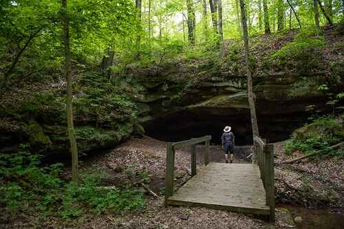 A man stands on a wooden bridge above a cave, with nature's beauty enveloping the scene.